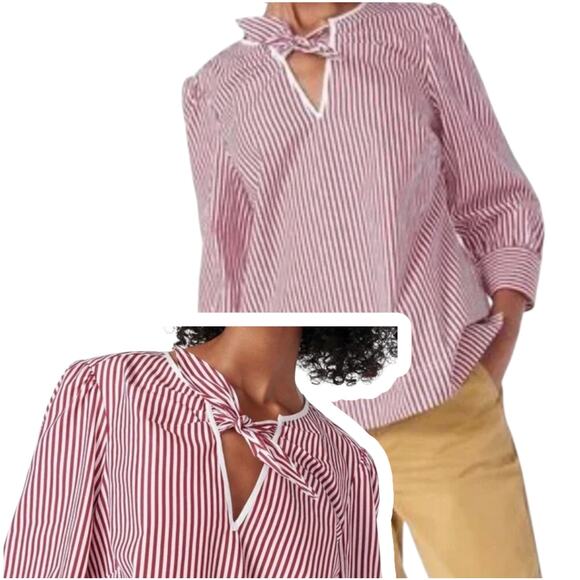 J. Crew Thomas Mason Bow-Neck Top Red Stripe Cotton Size XXS - Picture 1 of 15